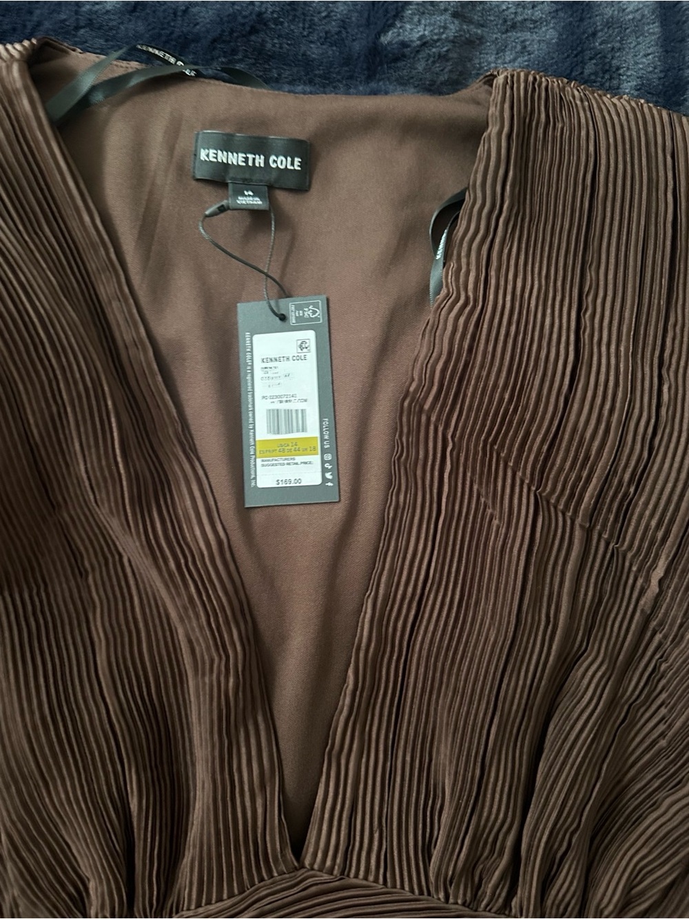 Kenneth Cole Brown Pleated V-Neck Midi Dress